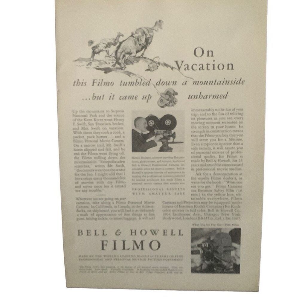 Vintage 1932 Bell & Howell Filmo On. Vacation Ad Advertisement